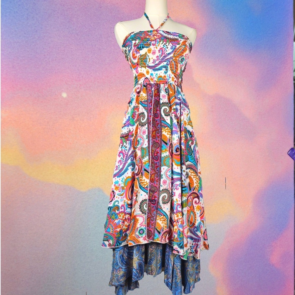 Paisley 100% Silk Halter Dress Colorful Layered NWT Smocked Hem Recycled Saris